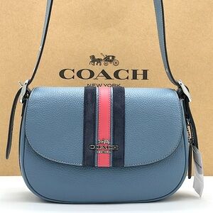 Coach New CB897 Macie Saddle Bag Indigo Blue Leather Varsity Stripe NWT